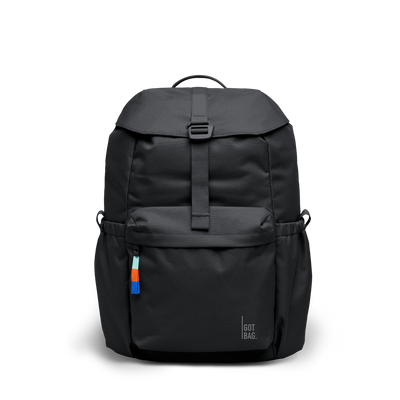 FLAP PACK backpack in black (Black), studio shot, front view.