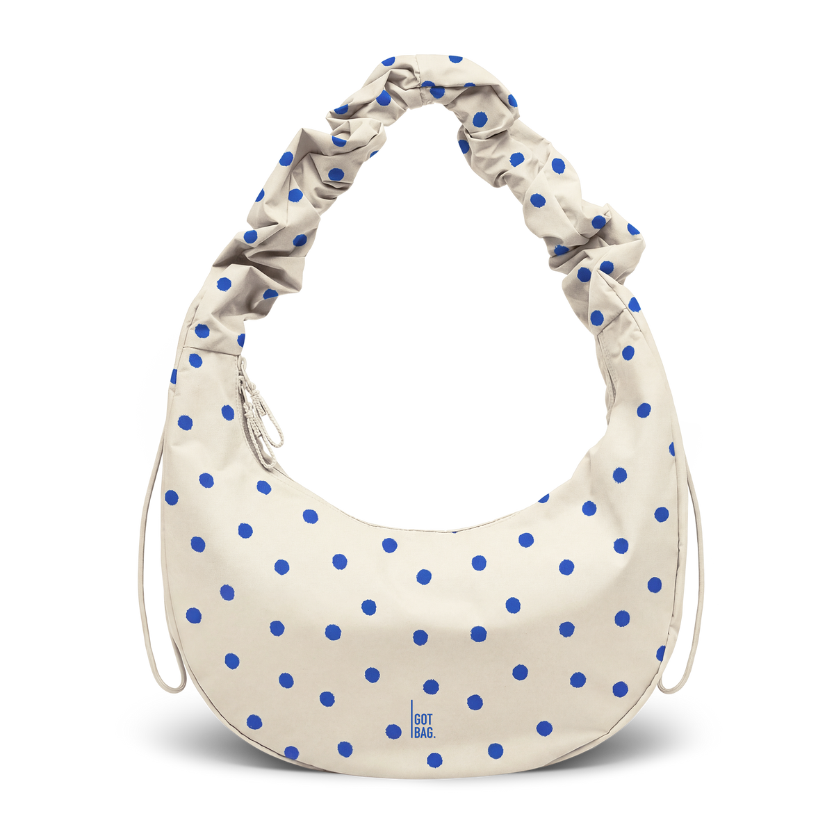 MOONBAGRUFFLEDOT bag in cream, studio shot, front view.