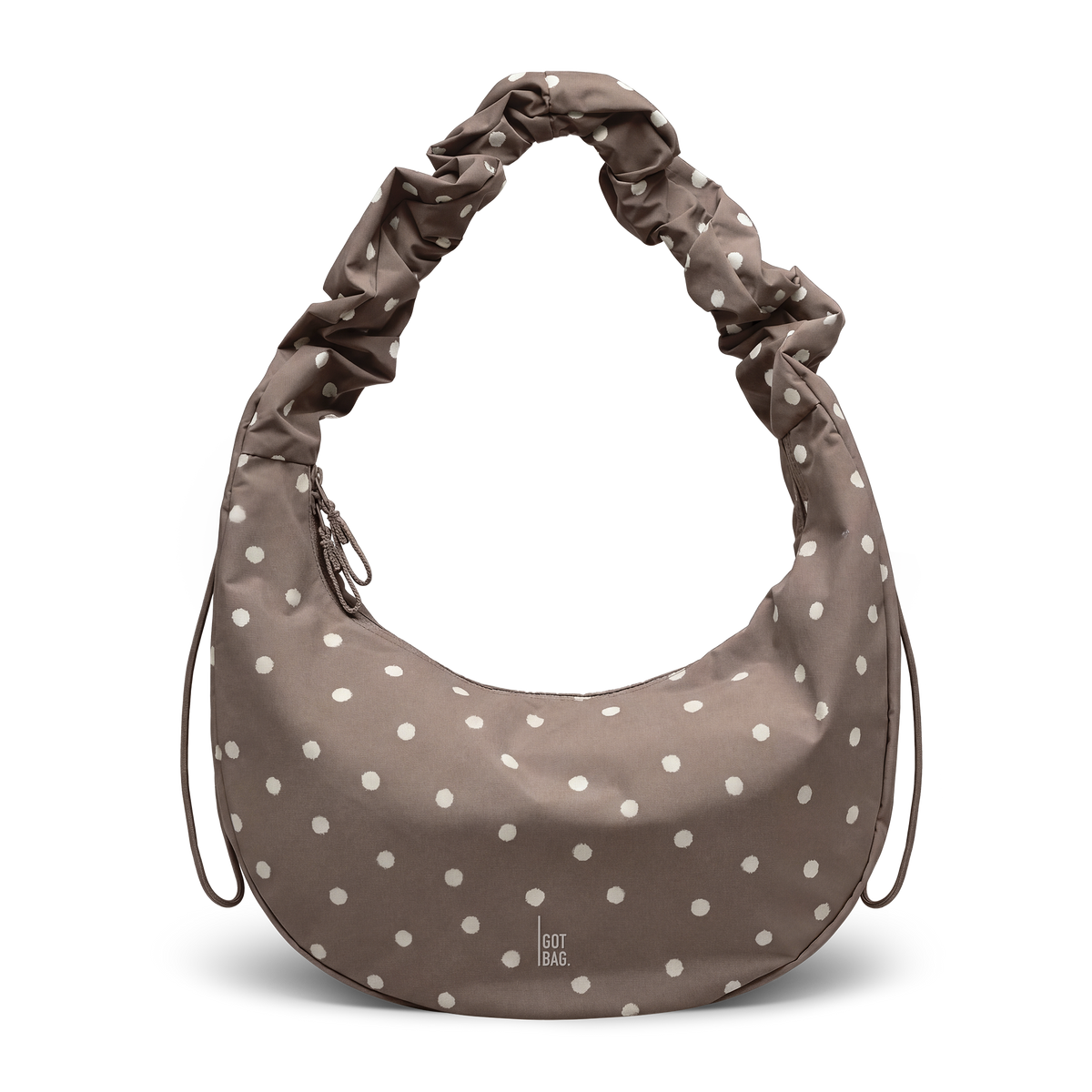MOONBAGRUFFLEDOT bag in oyster (Classic Taupe Brown), with white dots, front view.