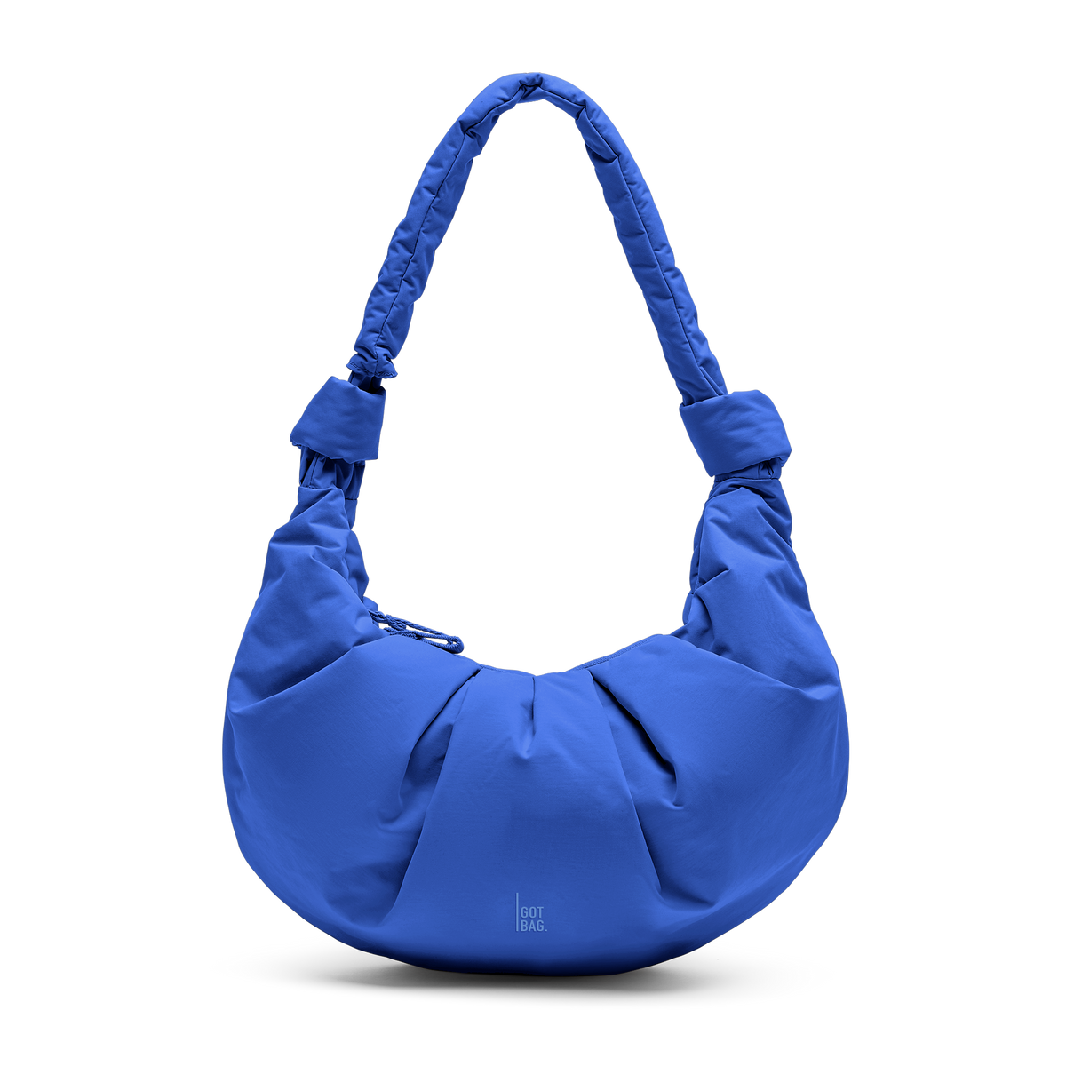 PLEATMOONBAGLARGE bag in cobalt (Vibrant Cobalt Blue), studio shot, front view.