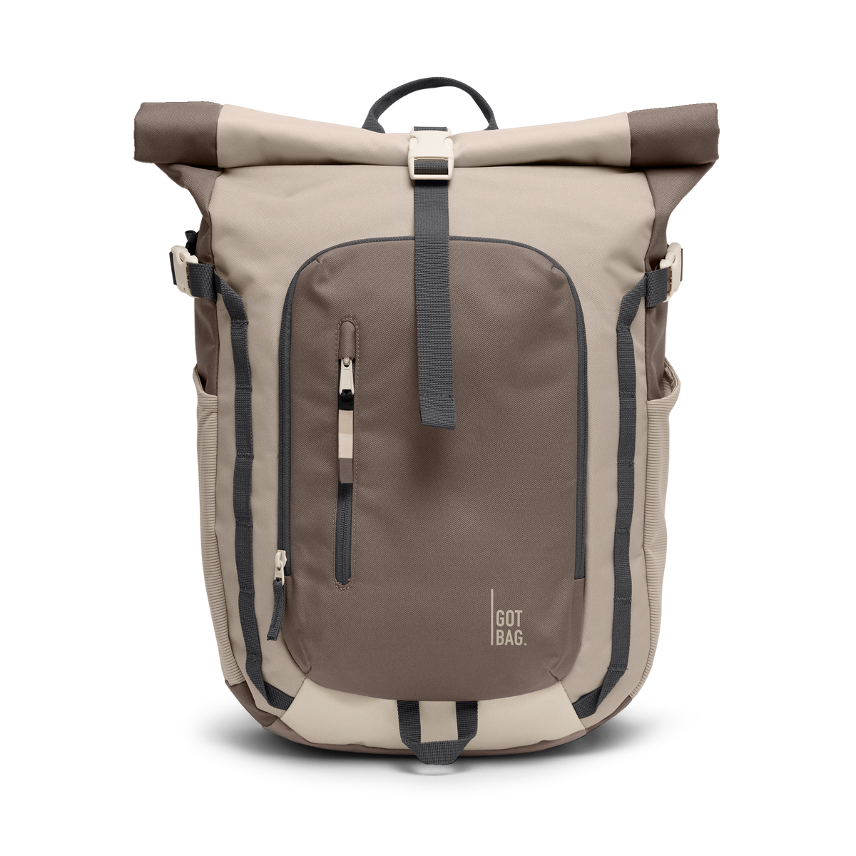 ROLLTOPADVENTUREMONOCHROME backpack in multioyster, with rolltop closure and zip pockets, front view.