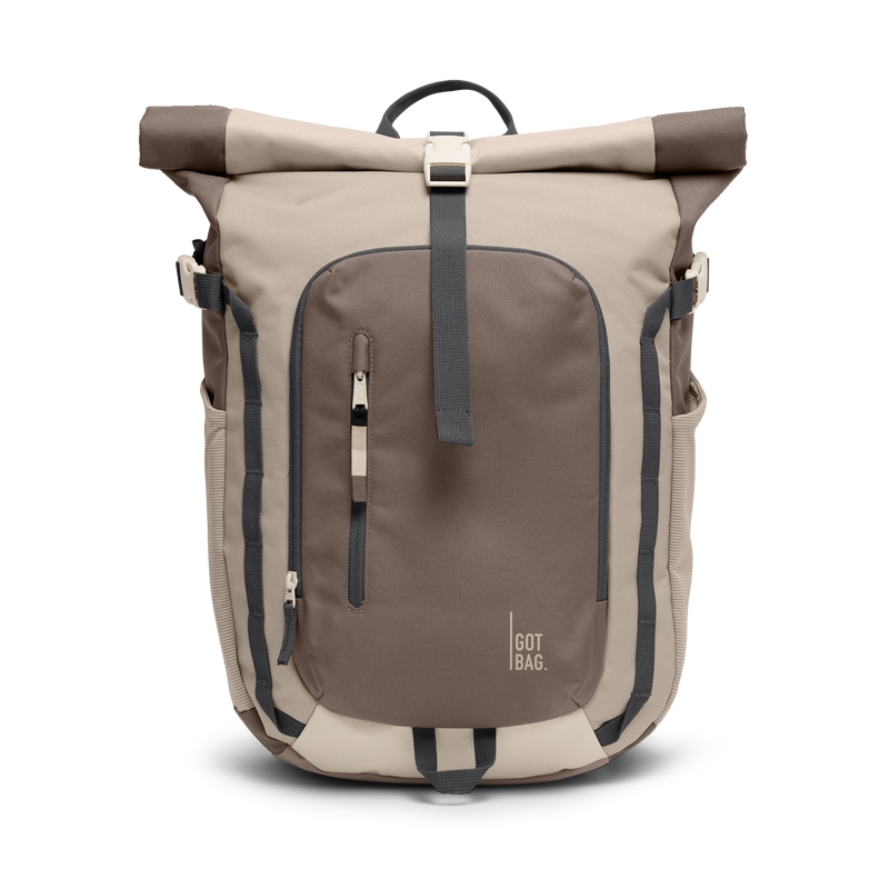 ROLLTOPADVENTUREMONOCHROME backpack in multioyster, with rolltop closure and zip pockets, front view.