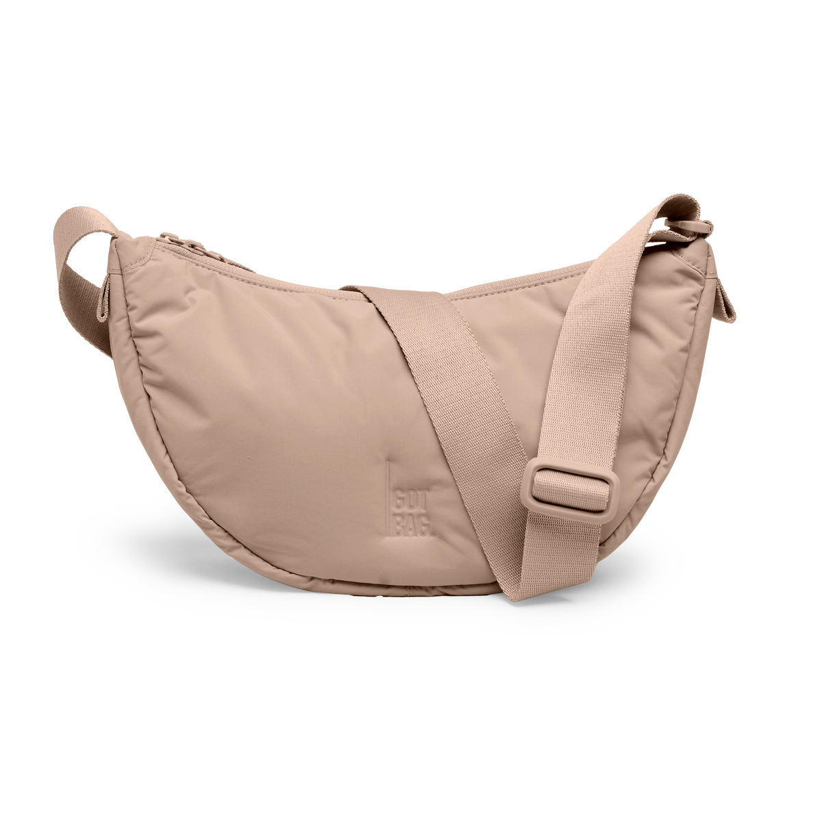 CLOUD MOON BAG SMALL bag in sandbar (Warm Beige with a Reddish Undertone), studio shot, front view.