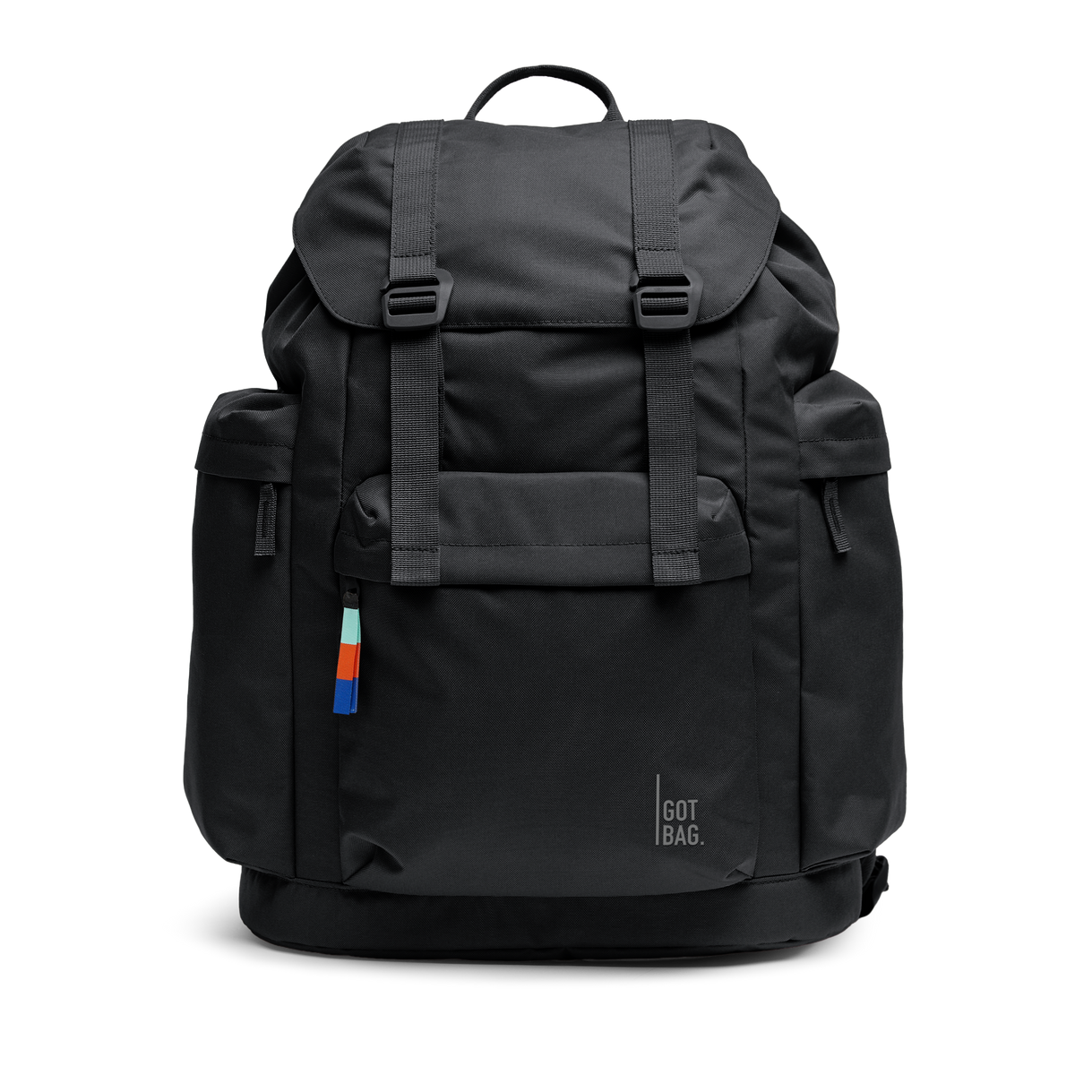 FLAP PACK LARGE backpack in black (Black), studio shot, front view.