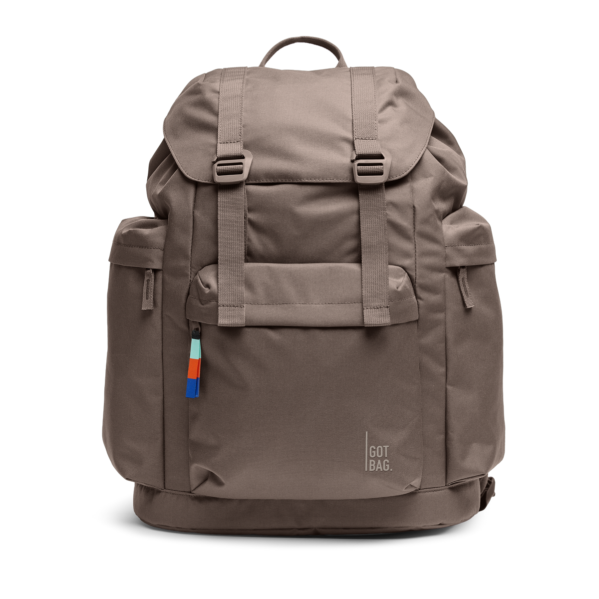 FLAP PACK LARGE backpack in oyster (Classic Taupe Brown), studio shot, front view.