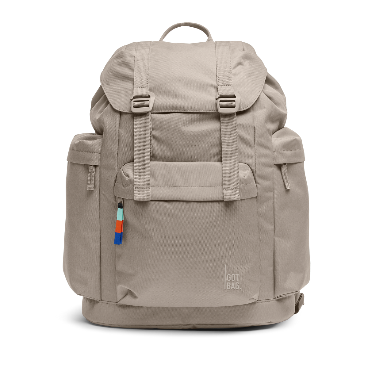 FLAP PACK LARGE backpack in scallop (Light Beige), studio shot, front view.