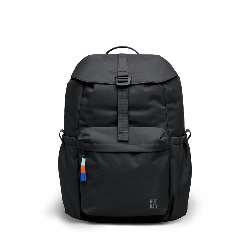 FLAP PACK backpack in black (Black), studio shot, front view.