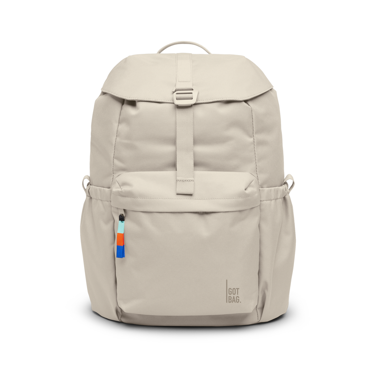 FLAP PACK backpack in soft shell (Warm Cream White), studio shot, front view.