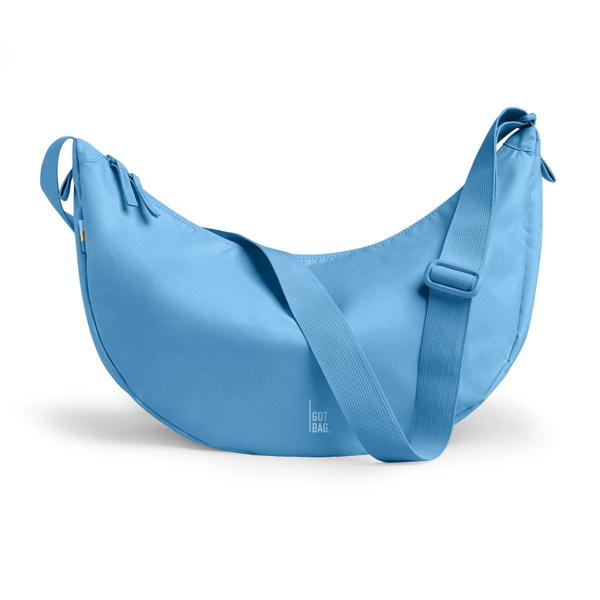 MOON BAG LARGE bag in aqua (Bright Light Blue), studio shot, front view.