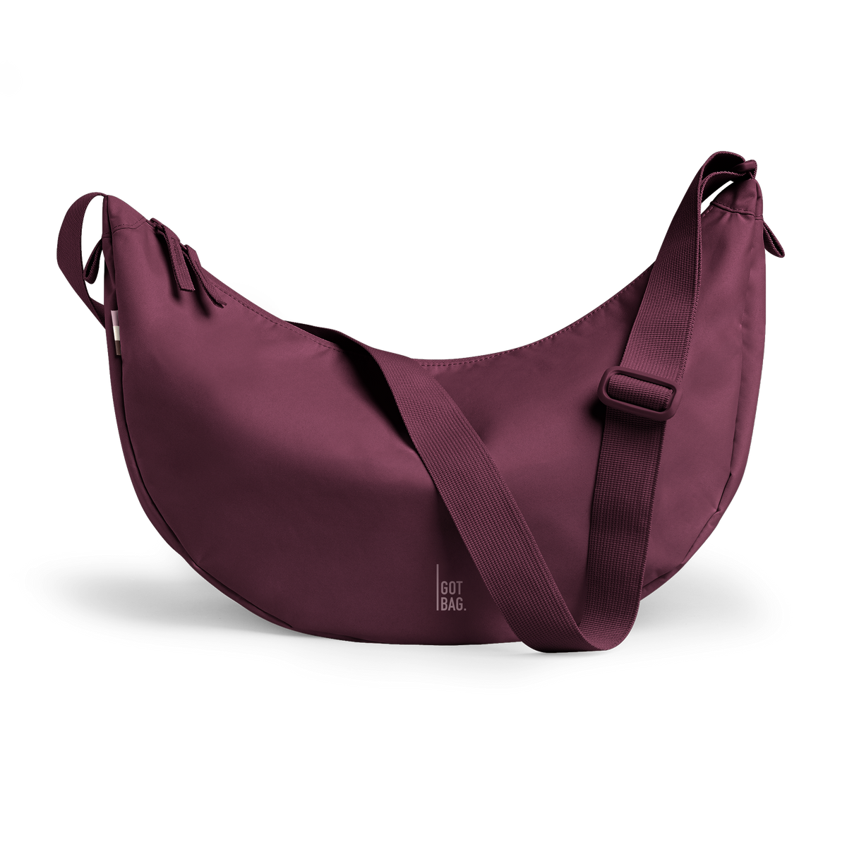 MOON BAG LARGE bag in kraken (Wine Red), studio shot, front view.