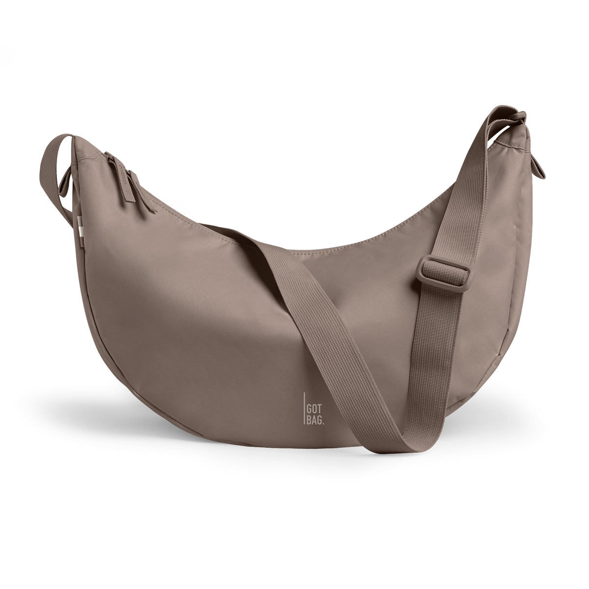 MOON BAG LARGE bag in oyster (Classic Taupe Brown), studio shot, front view.