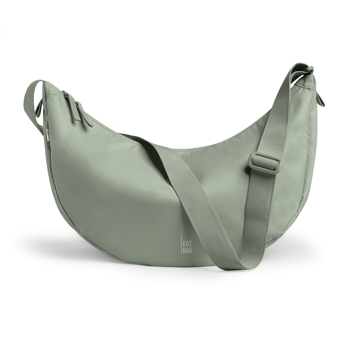 MOON BAG LARGE bag in bass (Sage Green), studio shot, front view.