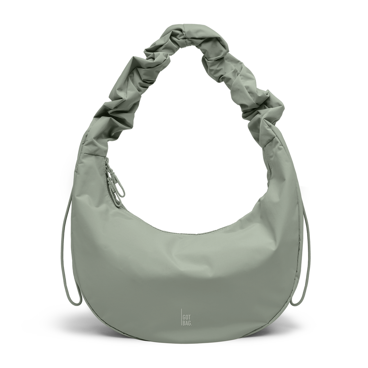 MOON BAG RUFFLE bag in bass (Sage Green), studio shot, front view.