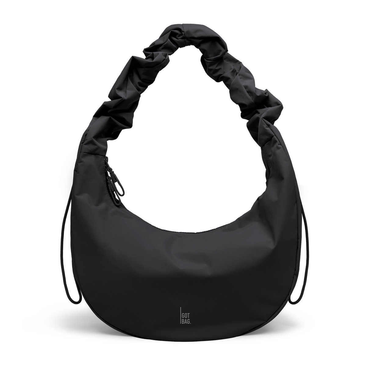 MOON BAG RUFFLE bag in black (Black), studio shot, front view.