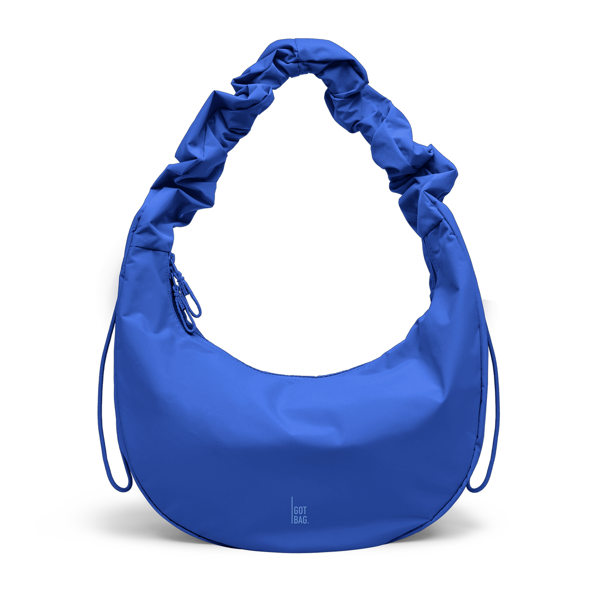 MOON BAG RUFFLE bag in cobalt (Vibrant Cobalt Blue), studio shot, front view.