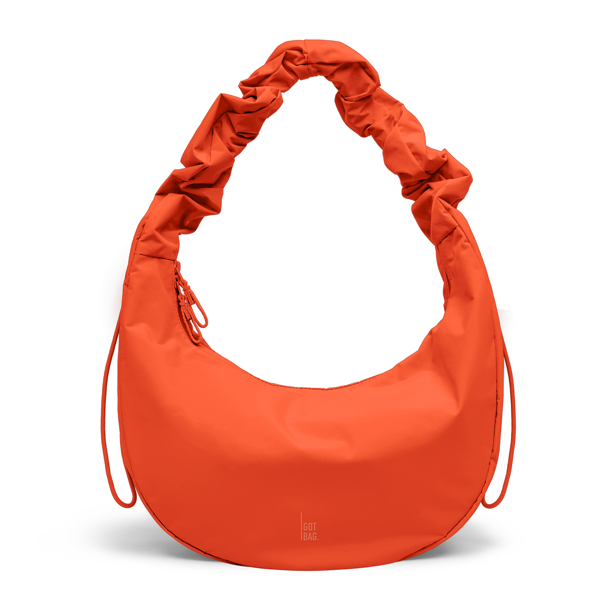 MOON BAG RUFFLE bag in hot coral (Vibrant Orange), studio shot, front view.