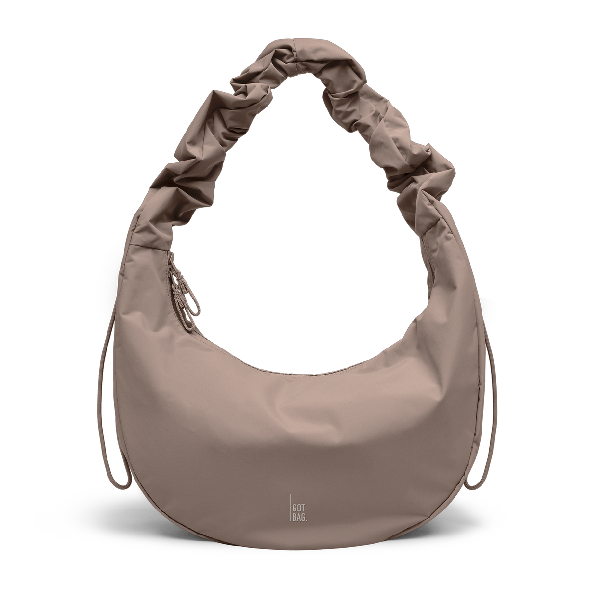 MOON BAG RUFFLE bag in oyster (Classic Taupe Brown), studio shot, front view.