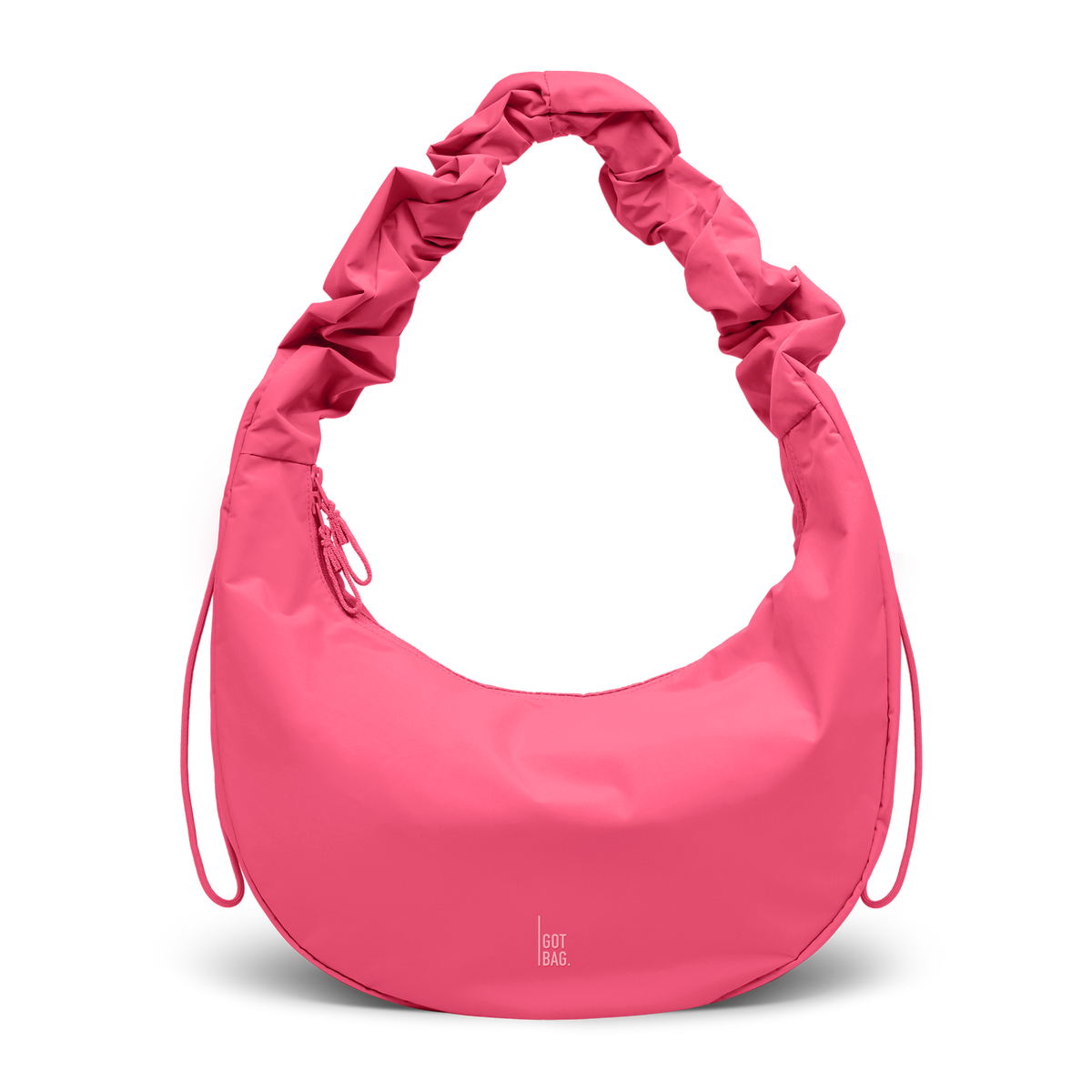 MOON BAG RUFFLE bag in salina pink (Vibrant Pink), studio shot, front view.