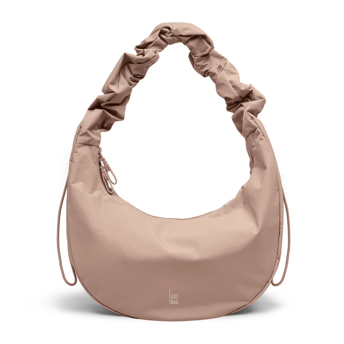MOON BAG RUFFLE bag in sandbar (Warm Beige with a Reddish Undertone), studio shot, front view.