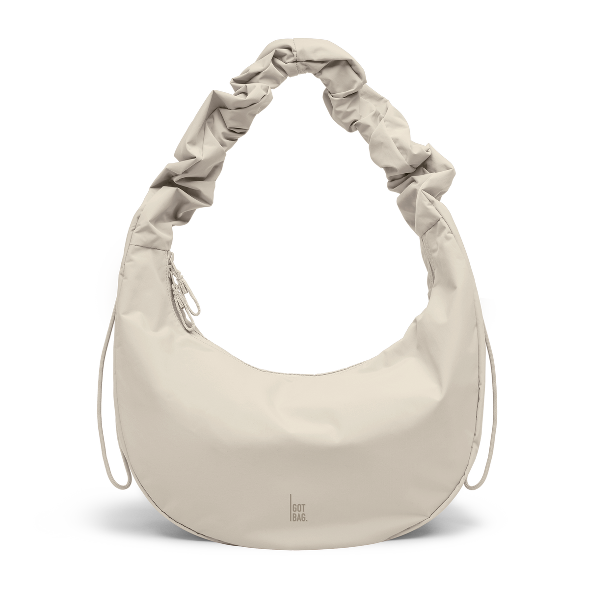 MOON BAG RUFFLE bag in soft shell (Warm Cream White), studio shot, front view.