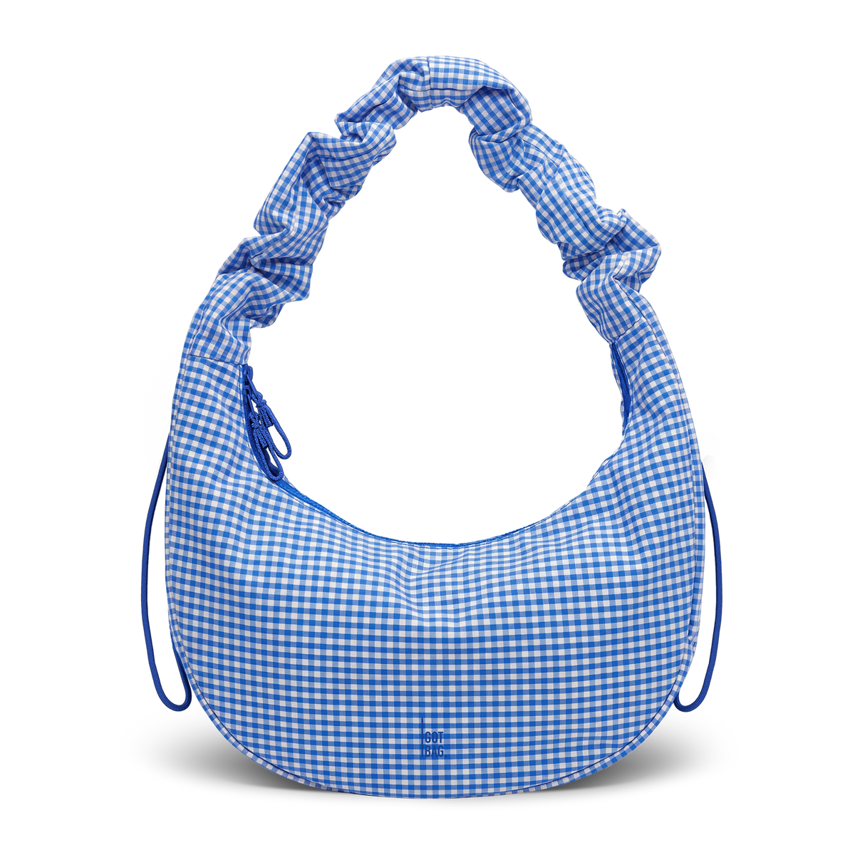 MOON BAG RUFFLE bag in vichy cobalt (Blue-Beige Checkered), studio shot, front view.