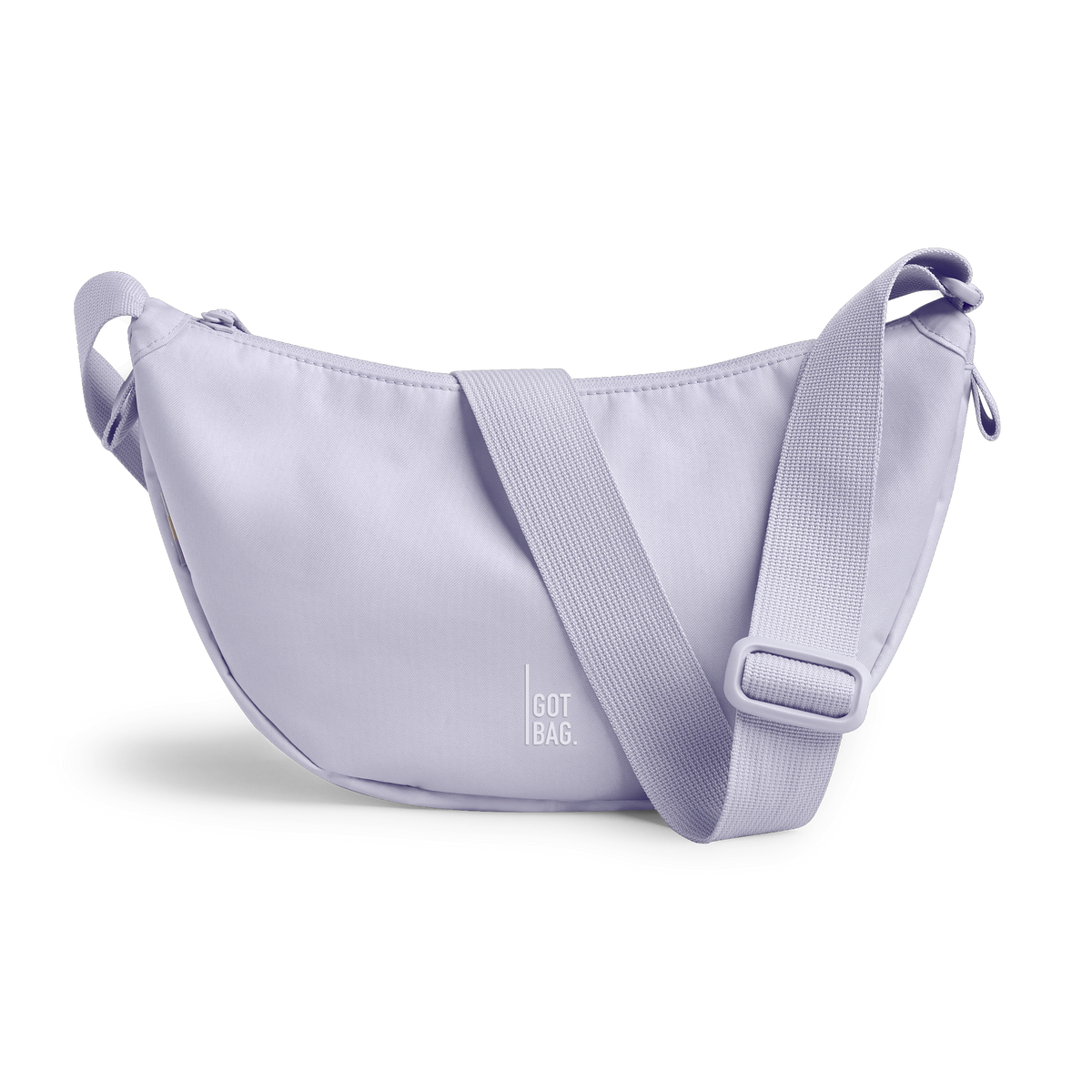 MOON BAG SMALL bag in purple coral (Pastel Light Lilac), studio shot, front view.