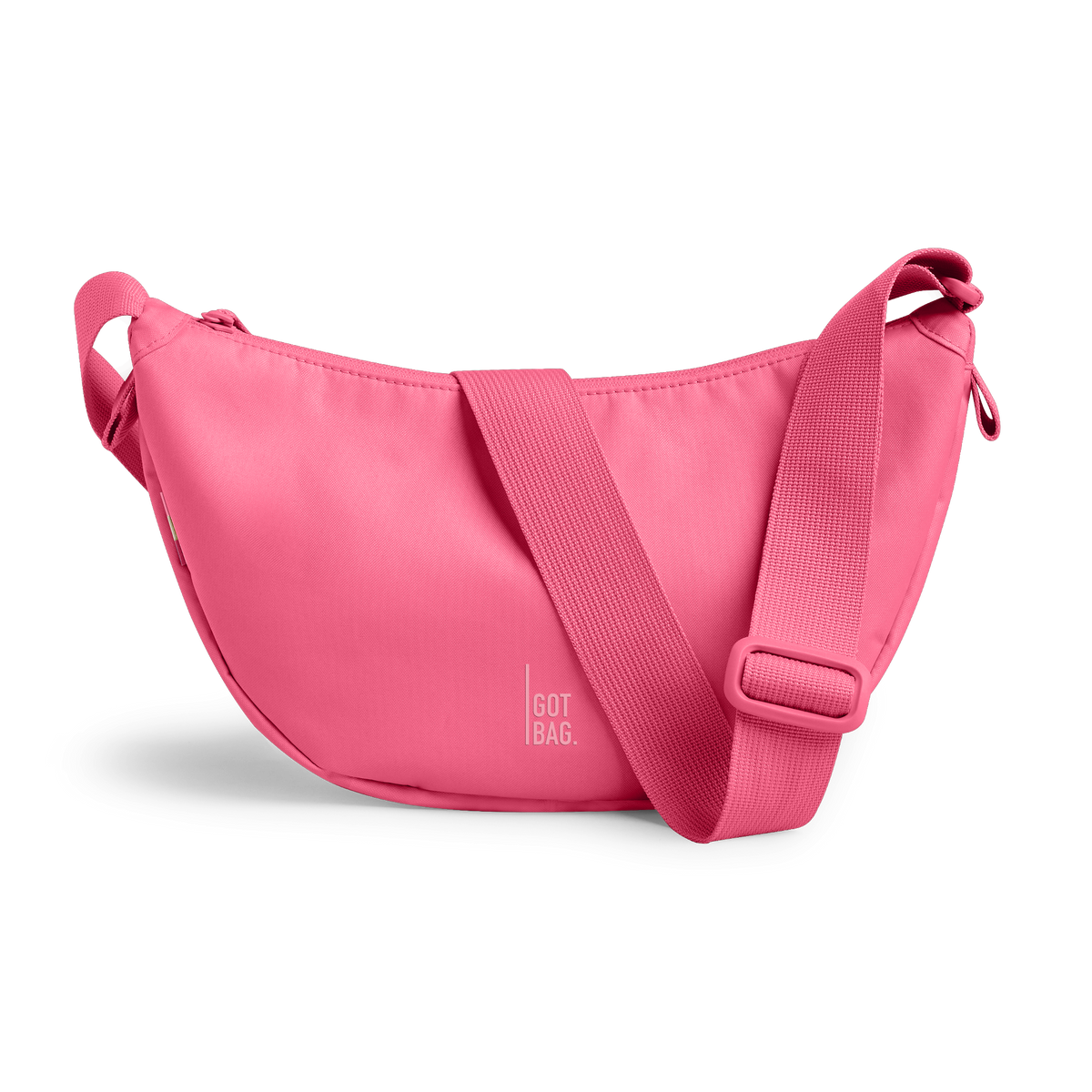 MOON BAG SMALL bag in salina pink (Vibrant Pink), studio shot, front view.
