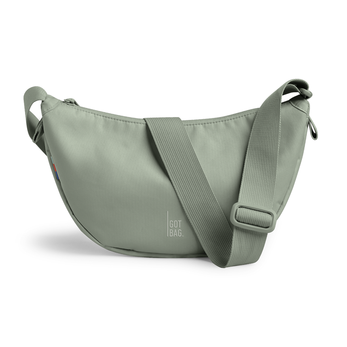 MOON BAG SMALL bag in bass (Sage Green), studio shot, front view.