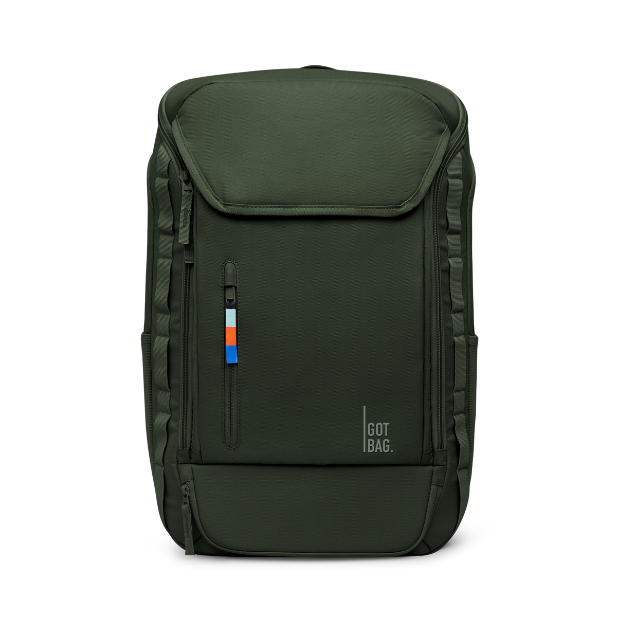 PRO PACK TRAVEL backpack in algae (Dark Green with a Gray Undertone), studio shot, front view.
