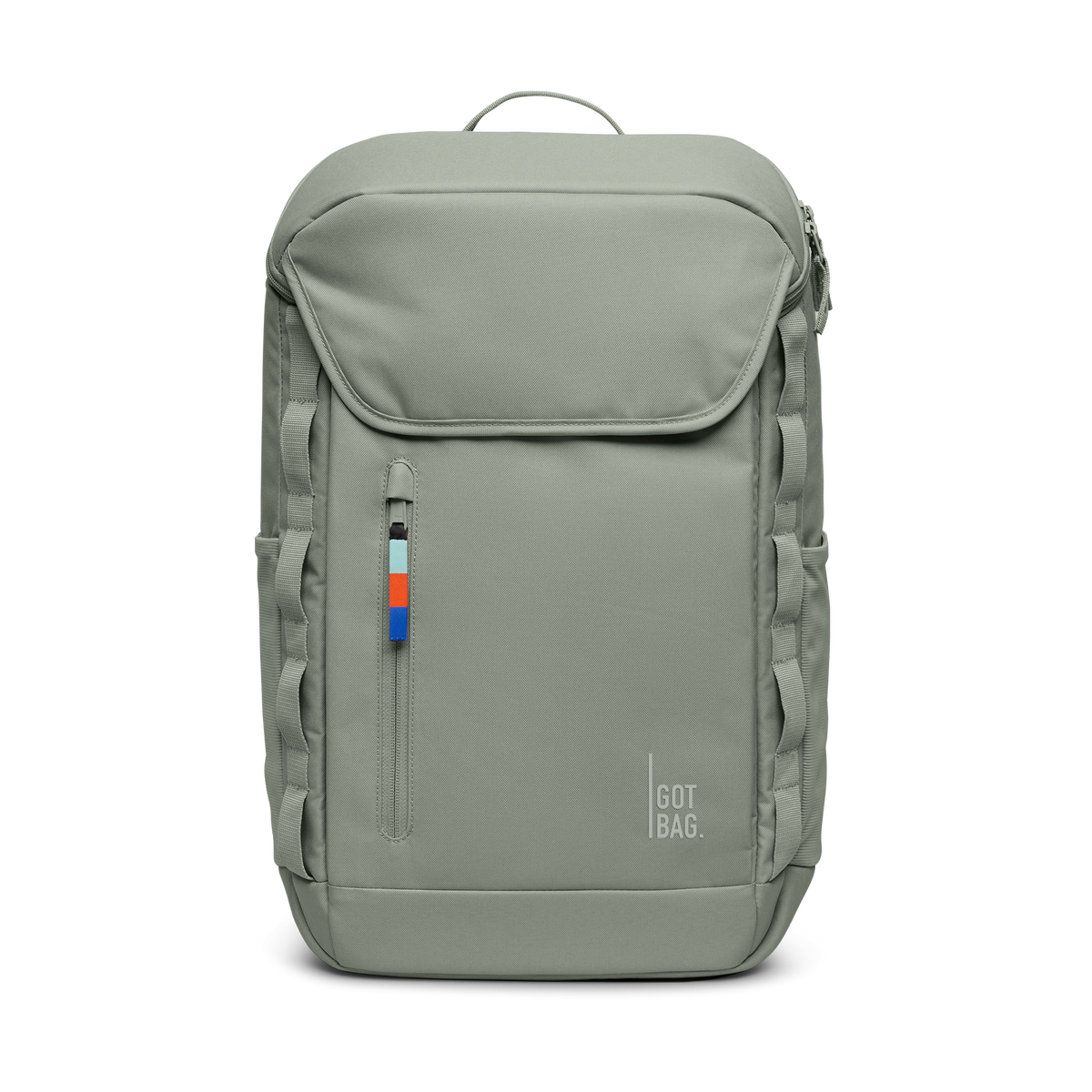 PRO PACK backpack in bass (Sage Green), studio shot, front view.