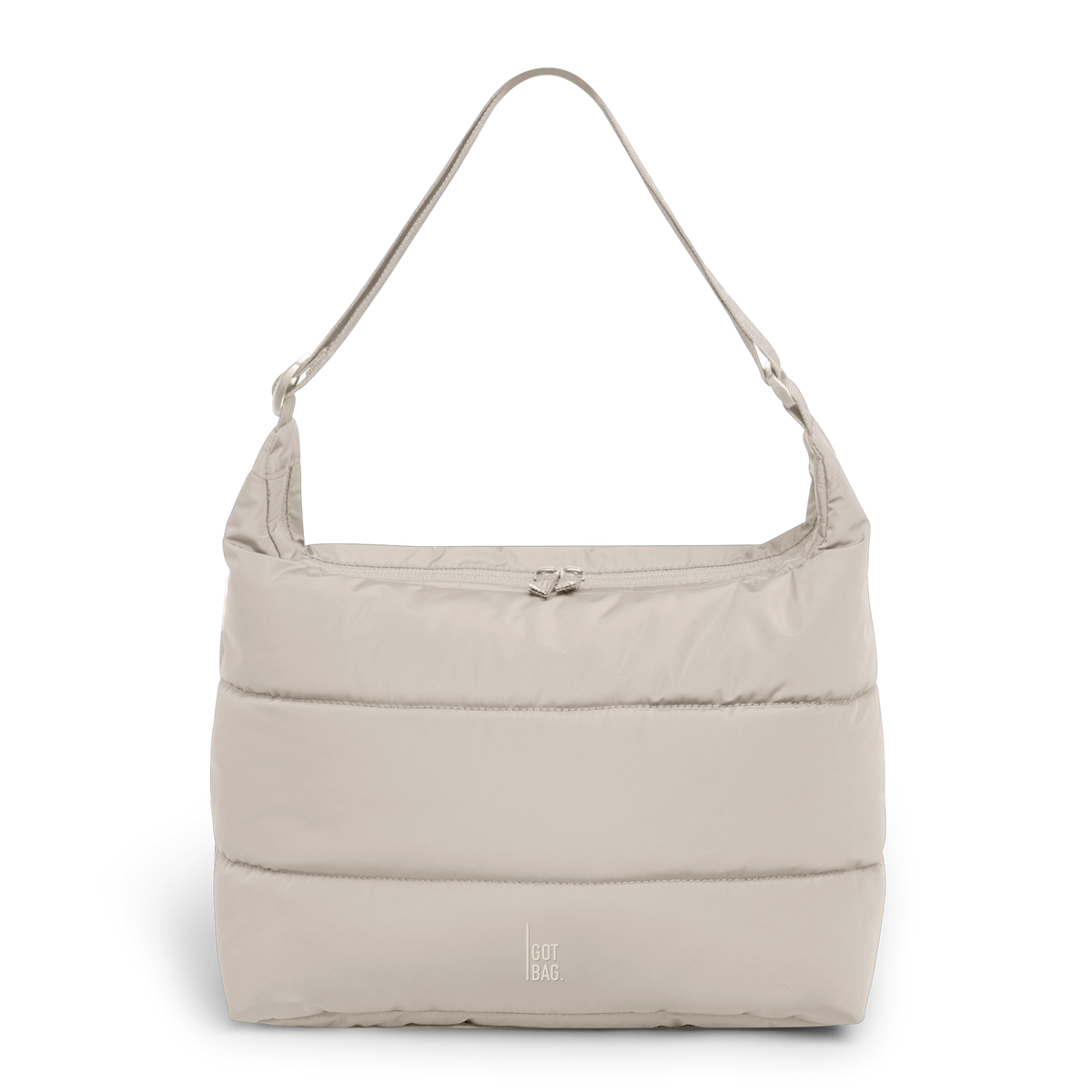 PUFFER SQUARE BAG bag in scallop (Light Beige), studio shot, front view.