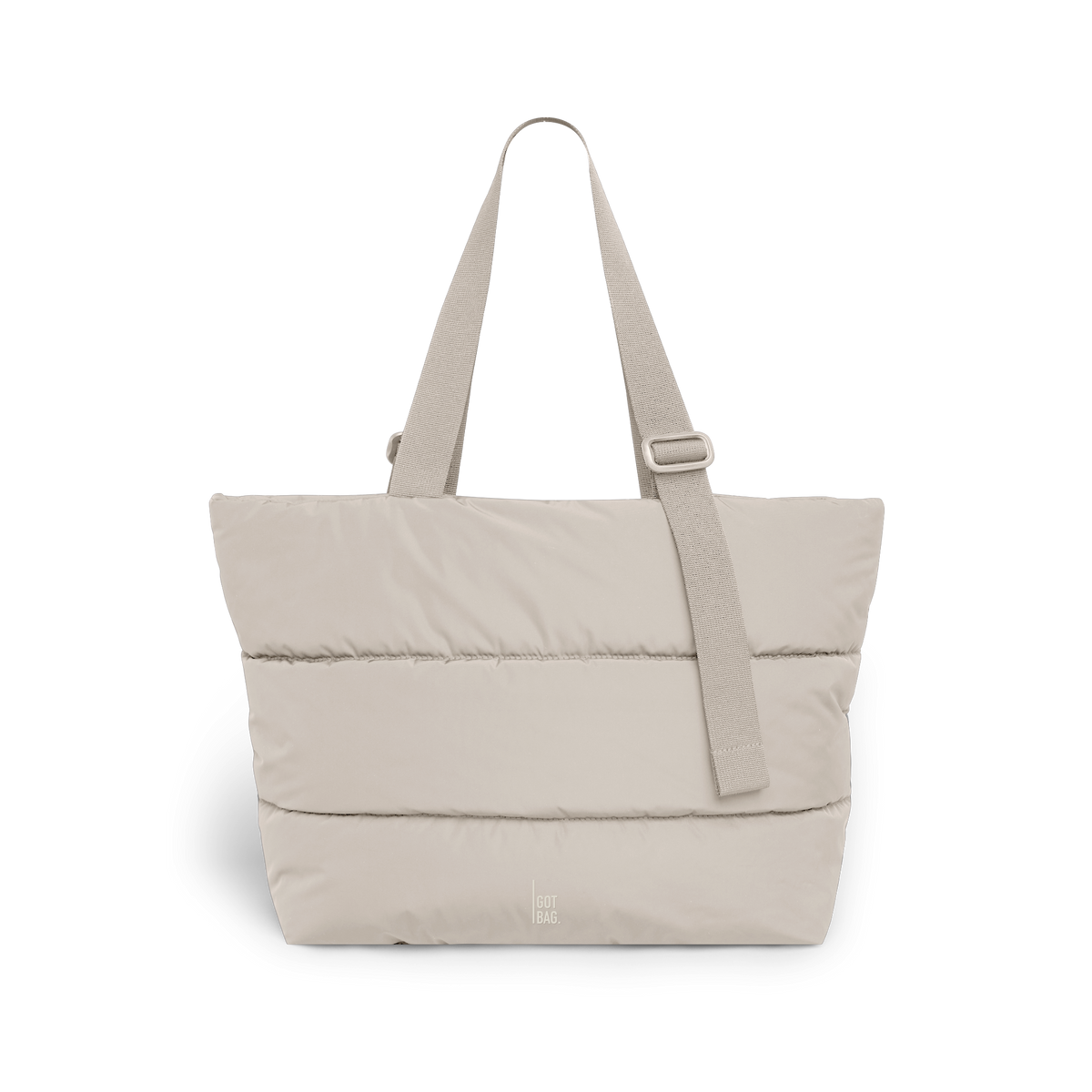 PUFFER TOTE BAG bag in scallop (Light Beige), studio shot, front view.