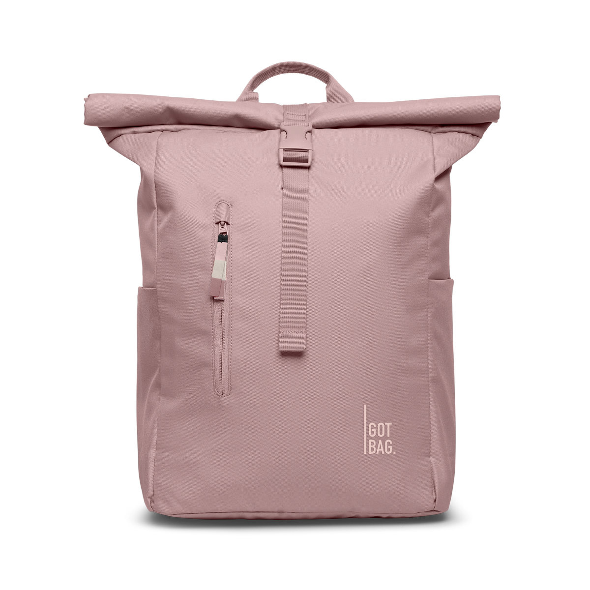 ROLLTOP EASY Monochrome Edition backpack in red sand (Pastel Light Pink), front view.