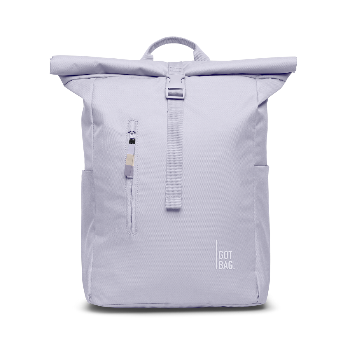 ROLLTOP EASY backpack in purple coral (Pastel Light Lilac), studio shot, front view.