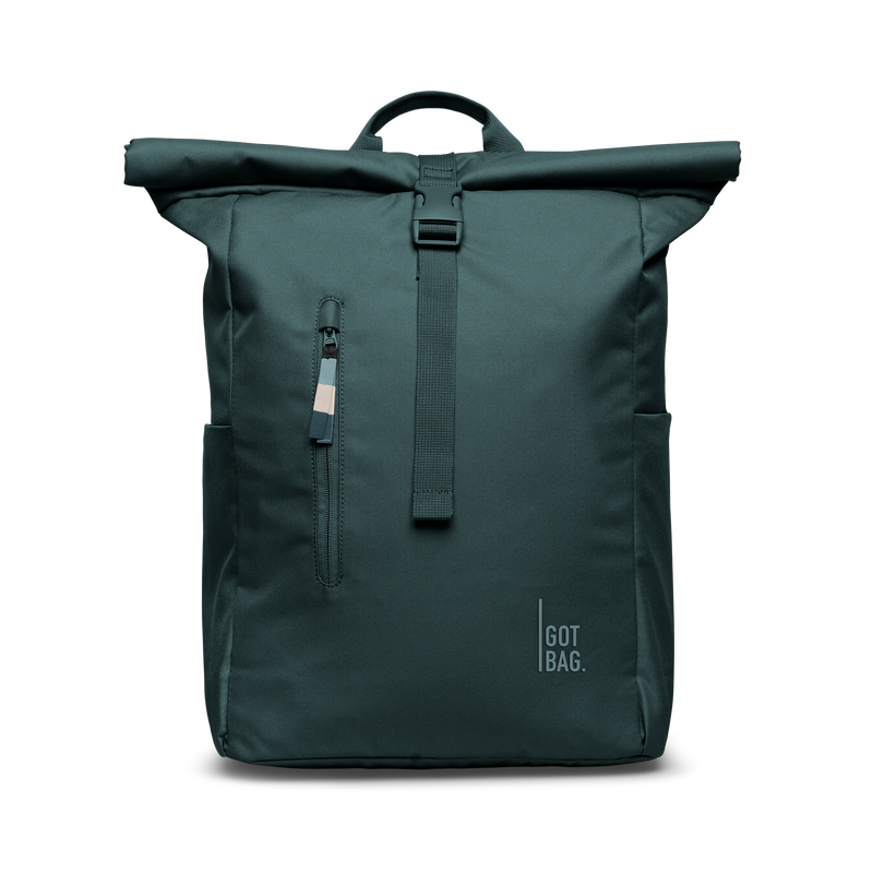 ROLLTOP EASY MONOCHROME backpack in sea teal (Cool Turquoise Green), studio shot, front view.