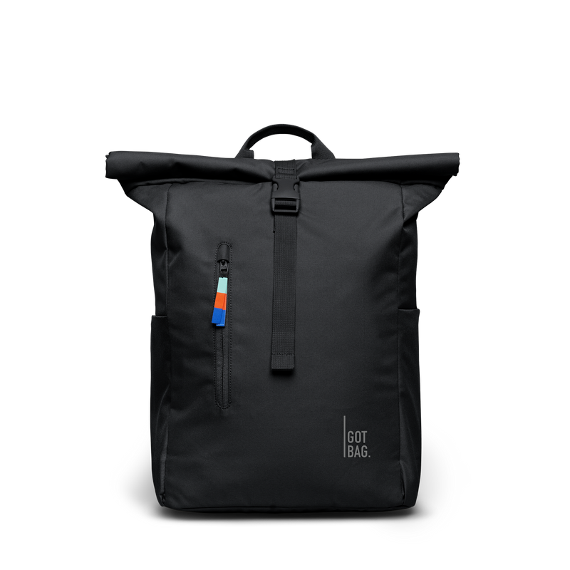 ROLLTOP EASY backpack in black (Black), studio shot, front view.