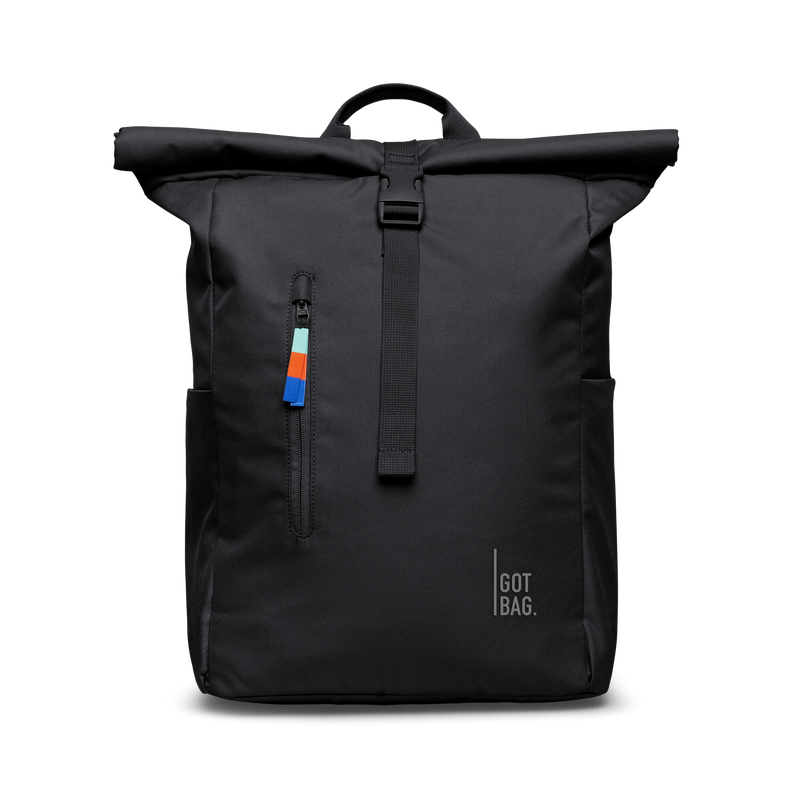 ROLLTOP EASY backpack in black (Black), studio shot, front view.