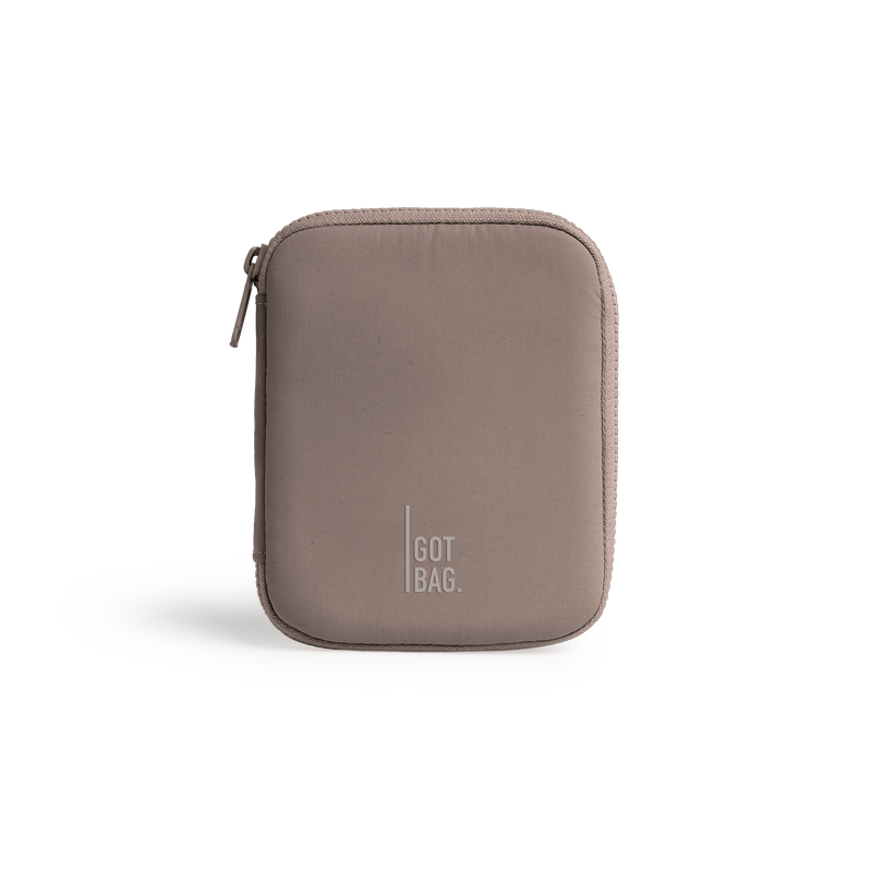 WALLET accessories in oyster (Classic Taupe Brown), studio shot, front view.
