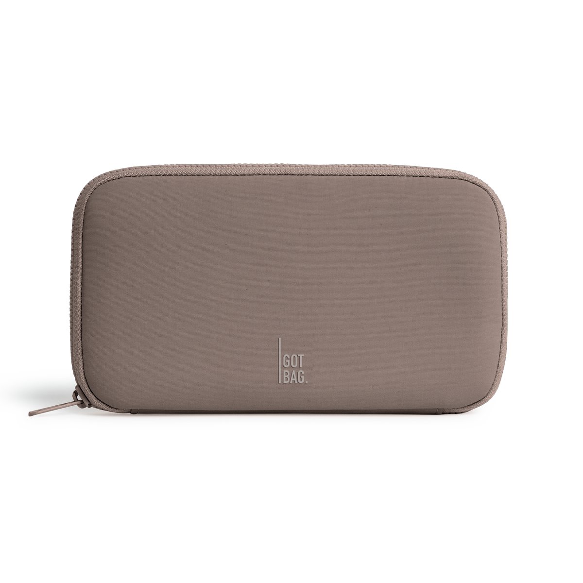 WALLET accessory in oyster (Classic Taupe Brown), studio shot, front view.