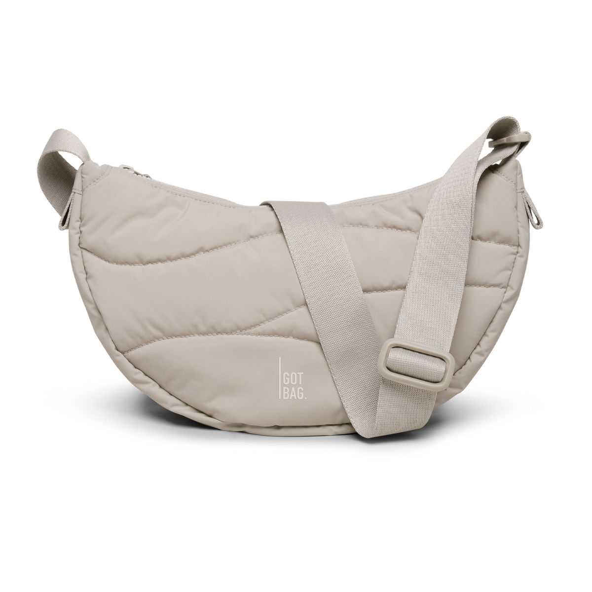 WAVY PUFFER MOON BAG bag in scallop (Light Beige), studio shot, front view.