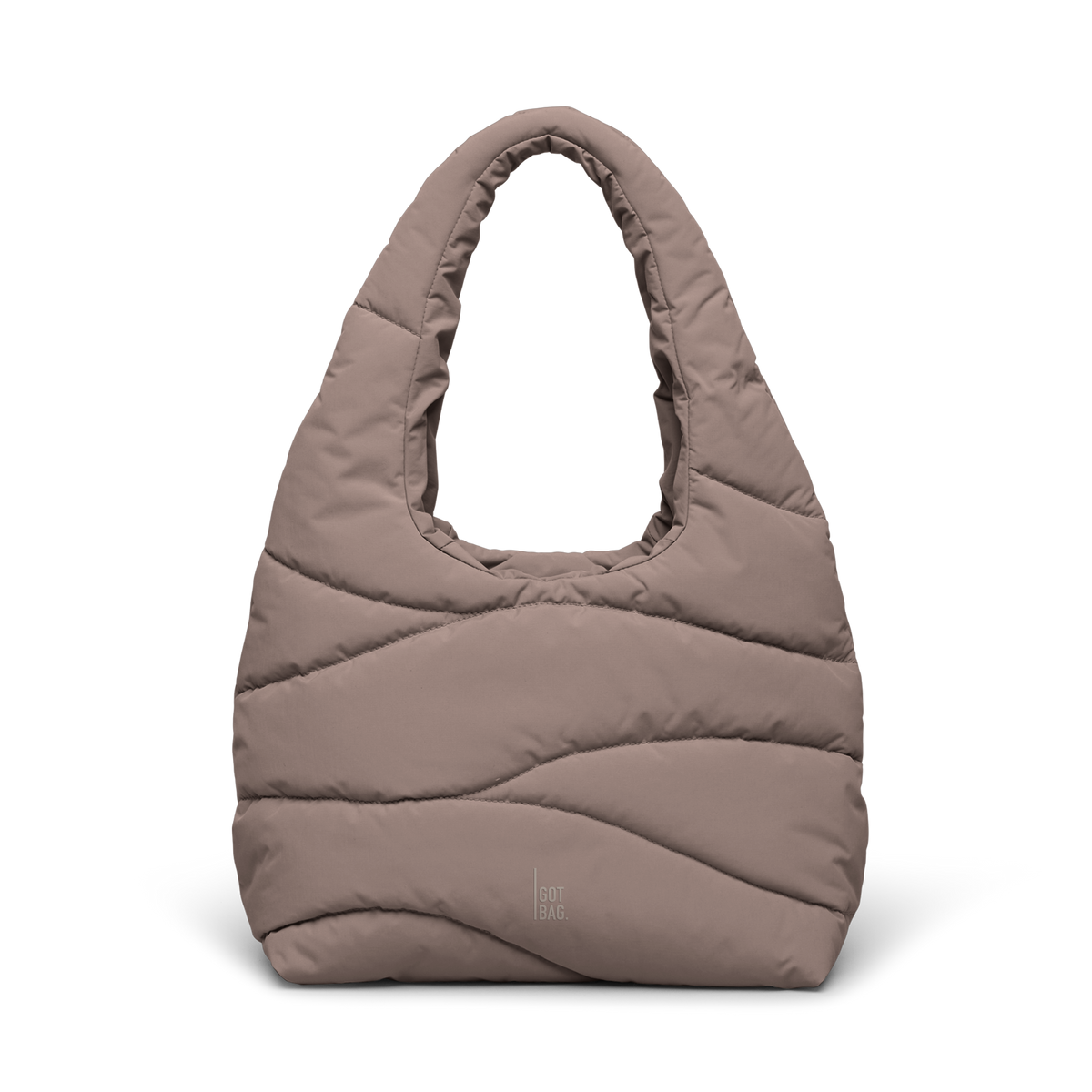 WAVY PUFFER SHOULDER BAG bag in oyster (Classic Taupe Brown), studio shot, front view.